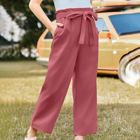 Girls Wide Leg Pants High Elastic Smocked Waist Casual Flowy Cute Long Trousers Classic Girls Pants Brick Red 9-10 Years