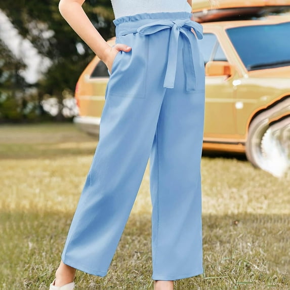Girls Wide Leg Pants High Elastic Smocked Waist Casual Flowy Cute Long Trousers Soft Girls Pants Light Blue 9-10 Years