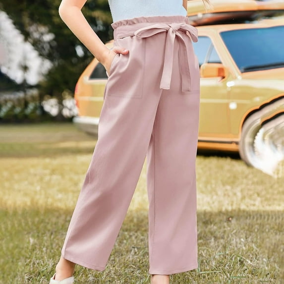 Girls Wide Leg Pants High Elastic Smocked Waist Casual Flowy Cute Long Trousers Soft Girls Pants Pink 13-14 Years