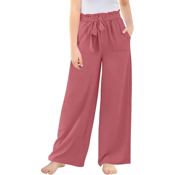 Girls Wide Leg Pants High Elastic Smocked Waist Casual Flowy Cute Long Trousers