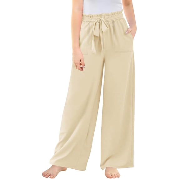 Girls Wide Leg Pants - High Elastic Waist, Flowy Design - Polyester Blend Casual Trousers with Front Pockets