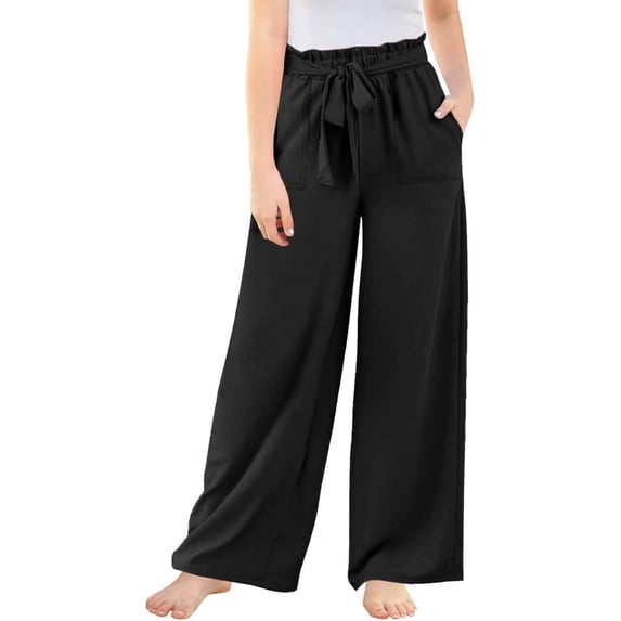 Girls Wide Leg Pants - High Elastic Waist, Flowy Design - Polyester Blend Casual Trousers with Front Pockets