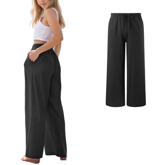 Girls Wide Leg Pants Kids Black Linen High Waisted Loose Fit Flowy Boho Beach Vacation Lounge Trousers with Pockets 4T