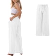 thumbnail image 1 of Girls Wide Leg Pants Kids White Linen High Waisted Loose Fit Flowy Boho Beach Vacation Lounge Trousers with Pockets 10-11 Years, 1 of 6