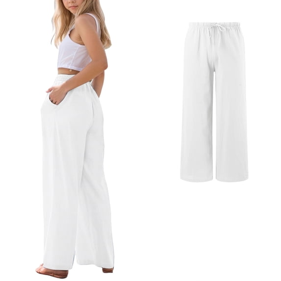 Girls Wide Leg Pants Kids White Linen High Waisted Loose Fit Flowy Boho Beach Vacation Lounge Trousers with Pockets 10-11 Years