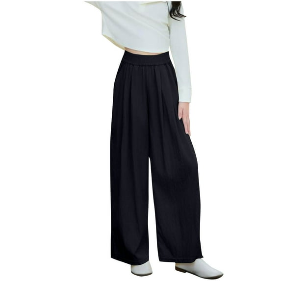 Girls Wide Leg Pants Linen with Pockets Flowy Smocked High Waisted Loose Trousers Casual Fit Pants for 3-16Years