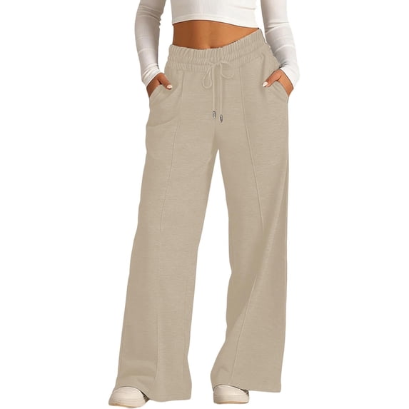 Girls Wide Leg Pants, Soft Cotton Pants with Pockets, High Waisted Drawstring Casual Pants for Kids, Khaki,Size 6-7T