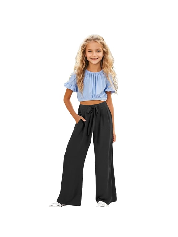 Girls Wide Leg Pants Soft Stretchy Palazzo Trousers with Pockets, High Waisted Drawstring Casual Lounge Pants for Big Kids &
