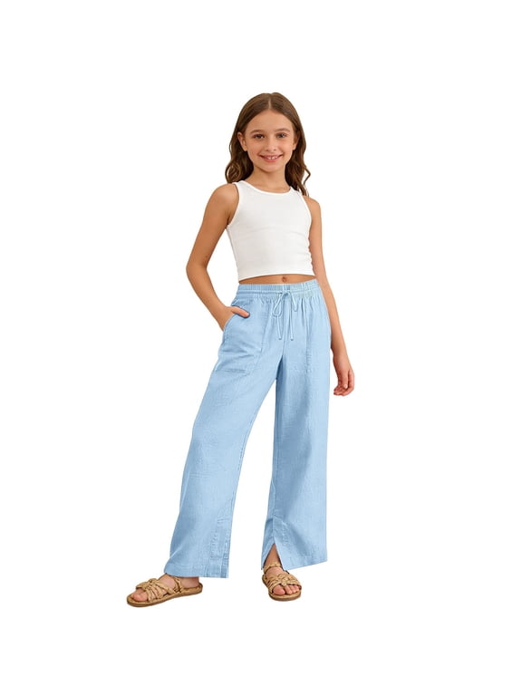 Girls Wide Leg Pants Soft Stretchy Palazzo Trousers with Pockets, High Waisted Drawstring Casual Lounge Pants for Big Kids &