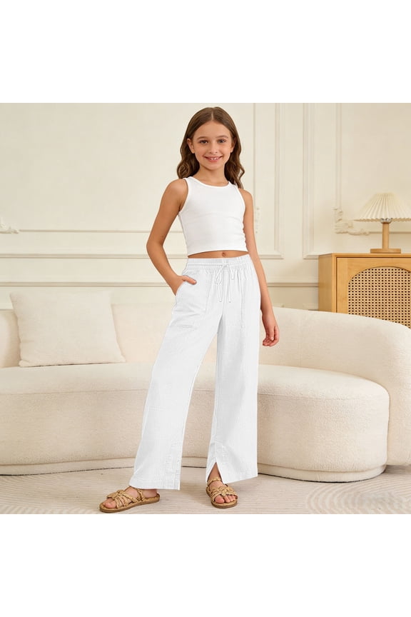 Girls Wide Leg Pants Split Hem 4-14Y Linen Elastic Drawstring Waist Casual Summer Trousers