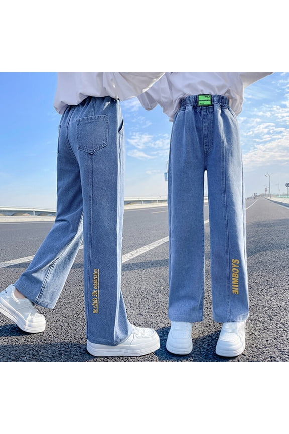 Girls Wide Leg Pants Spring Autumn Denim High Waisted Loose Clothing for Children 2024