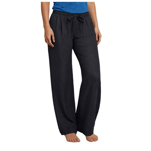 Girls Wide Leg Pants Teen Girls Preppy Cotton Linen Pants Summer Lightweight Loose Fit Elastic Waist Plus Size Solid Lounge Long Trousers