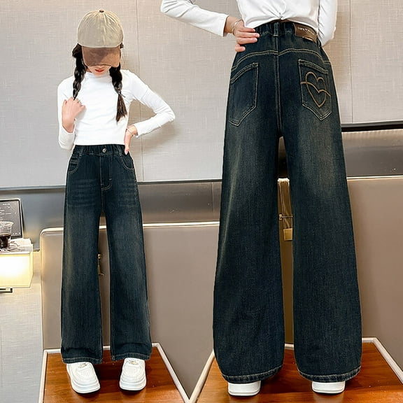Girls Wide Leg Rhinestone Jeans Kids Baggy Elastic Waisted Denim Pants with Pockets 5-14 Years,Blue 160