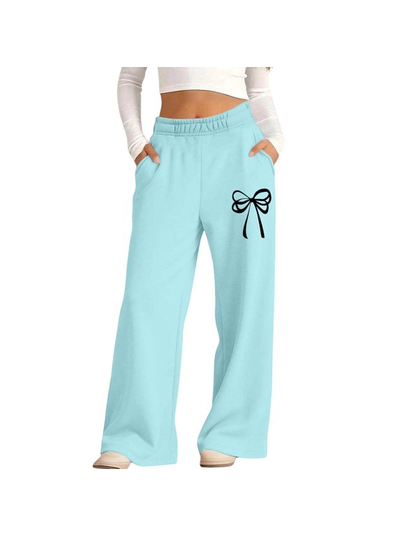 Girls Wide Leg Sweatpant Fall Winter Fashion Fleece Warm Cute Print Trousers Elastic Waist Wide Leg Pants With Pockets (11-12 Years, Light Blue-A)