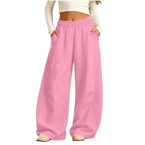 Girls Wide Leg Sweatpants 5-15Y Elastic Waist Cotton Fall Winter Trouser Trendy Barrel Pants with Pockets (10-11 Years, Pink)