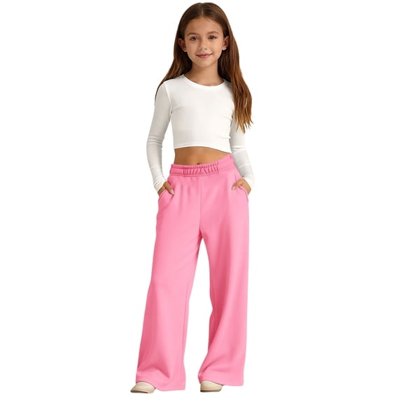Girls Wide Leg Sweatpants Baggy Sweatpants Elastic Waisted Sweatpants with Pockets Kids Trousers 5T-14T
