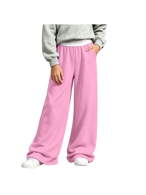 Girls Wide Leg Sweatpants Pleated Patchwork Elastic High Waist Pants Fashion Casual Baggy Trousers with Pockets (14-15 Years, Pink)
