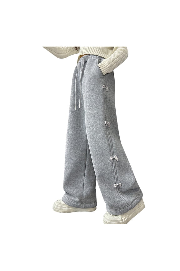 Girls Wide Leg Sweatpants with Bow Details, Elastic Waist Joggers Pockets, Gray Flare Leg Lounge Pants for Kids,Size 11-12 T