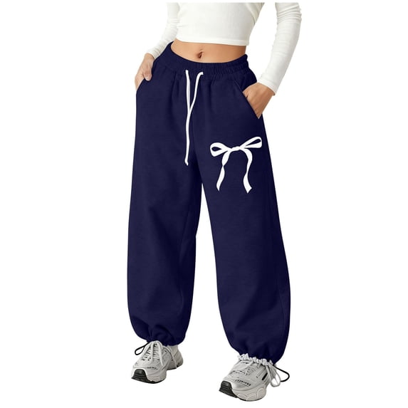 Girls Wide Straight Leg Loose Jogger Sweatpants Drawstring High Waisted Baggy Joggers Pnats Cute Bow Printed Sports Pants with Pockets, Navy 13-14Y
