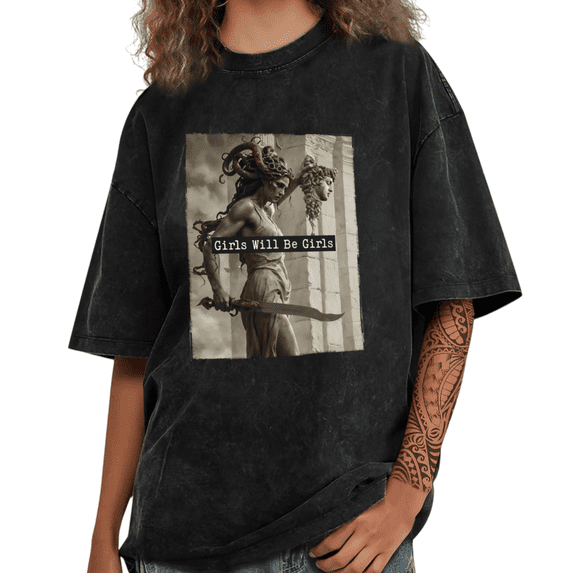 Girls Will Be Girls Medusa Art Graphic Stylish Everyday Graphic Tees T Shirt Tops Short Sleeve Round Neck Black S-2XL Plus Size