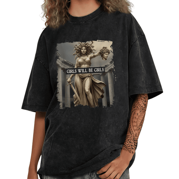 Girls Will Be Girls Medusa Greek Statue Graphic Flattering Fit Versatile Tees T Shirt Tops Short Sleeve Black S-2XL Plus Size