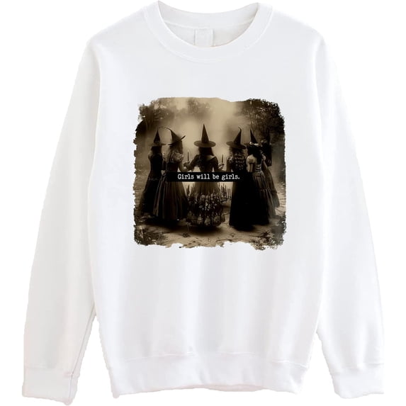 Girls Will Be Girls Vintage Halloween Witch Sweatshirt, Spooky Witches Crewneck Pullover for Women
