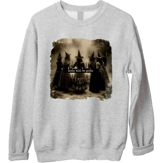 Girls Will Be Girls Vintage Halloween Witch Sweatshirt, Spooky Witches Crewneck Pullover for Women