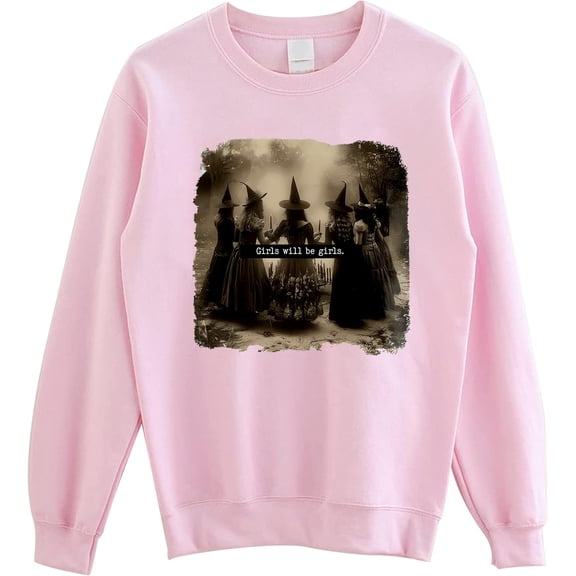 Girls Will Be Girls Vintage Halloween Witch Sweatshirt, Spooky Witches Crewneck Pullover for Women