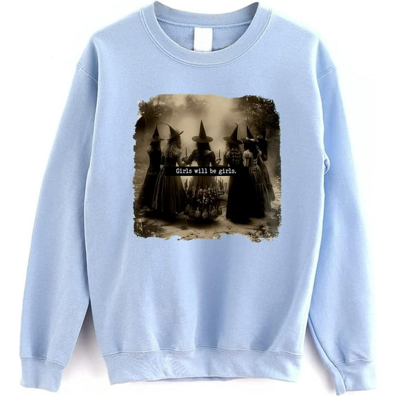 Girls Will Be Girls Vintage Halloween Witch Sweatshirt, Spooky Witches Crewneck Pullover for Women