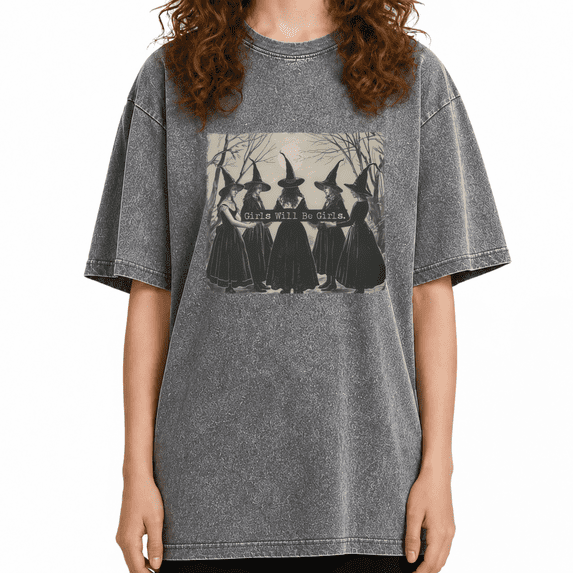 Girls Will Be Girls Vintage Washed Witch Circle Graphic Tee