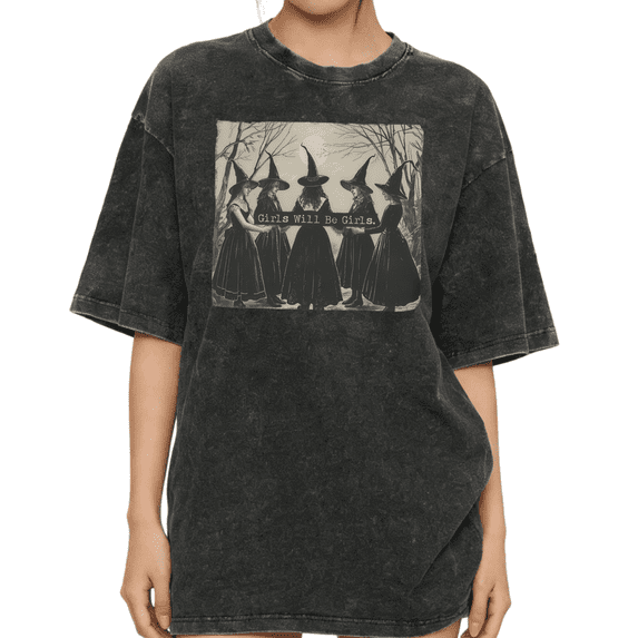Girls Will Be Girls Vintage Washed Witch Circle Graphic Tee