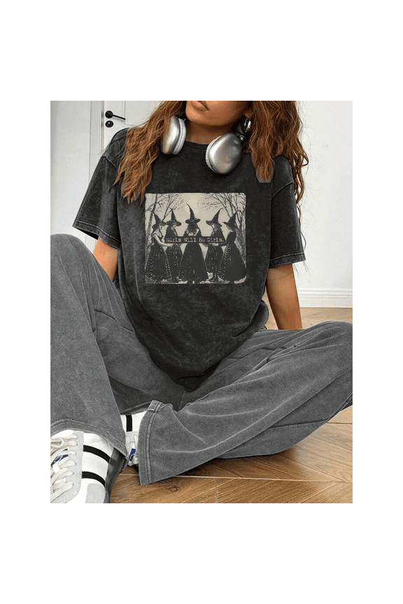 "Girls Will Be Girls Vintage Witch Coven" Black Washed Tee | Women's Edgy Casual Top | Plus Size S-5XL Holiday Print