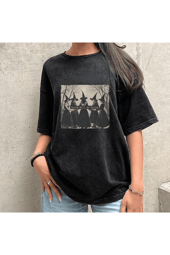 Girls Will Be Girls Witch Print T-shirts Witchy Girls Casual Acid Washed Tops Halloween Feminist Graphic Tees Short Sleeve Cotton Shirts Black,L