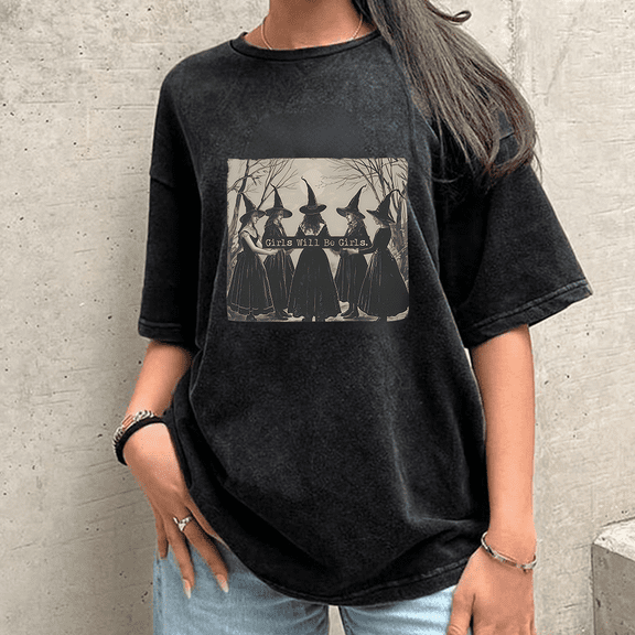 Girls Will Be Girls Witch Print T-shirts Witchy Girls Casual Acid Washed Tops Halloween Feminist Graphic Tees Short Sleeve Cotton Shirts Black,M
