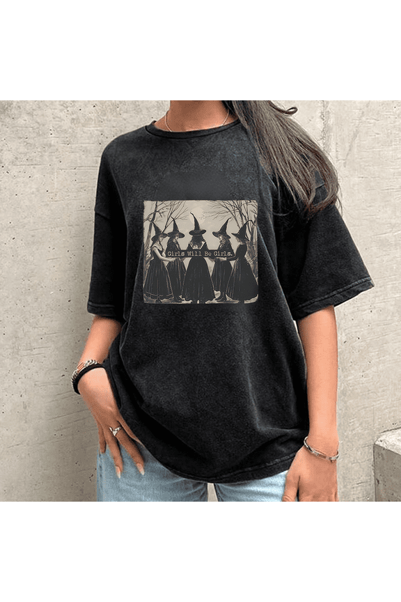 Girls Will Be Girls Witch Print T-shirts Witchy Girls Casual Acid Washed Tops Halloween Feminist Graphic Tees Short Sleeve Cotton Shirts Black,XL