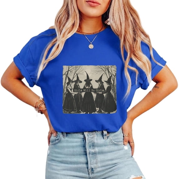Girls Will Be Girls Witch Print T-shirts Witchy Girls Casual Tops Halloween Feminist Graphic Tees Short Sleeve Cotton Shirts for Daily Outfits