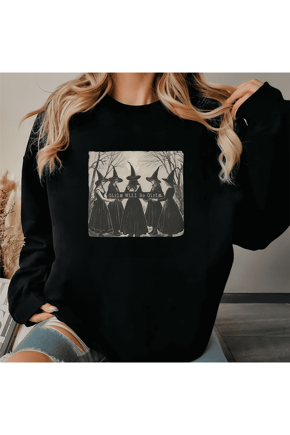 Girls Will Be Girls Witch Long Sleeve Tops Round-neck pure cotton sweatshirt Witchy Girls Casual Sweatshirts Halloween Feminist Graphic Tees Pullover Cotton Shirts for Daily Outfits Black,S