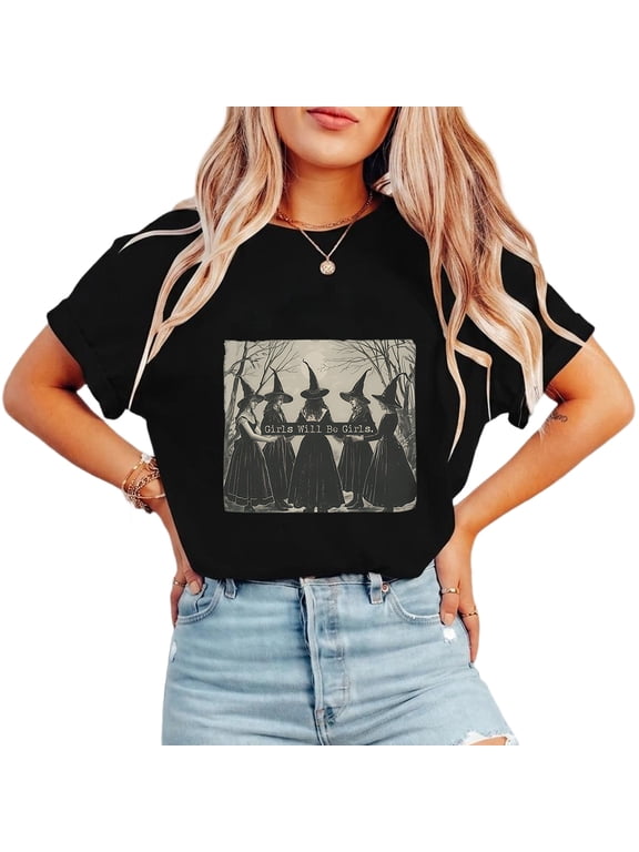Girls Will Be Girls Witch Print T-shirts Witchy Girls Casual Tops Halloween Feminist Graphic Tees Short Sleeve Cotton Shirts for Daily Outfits Black,S