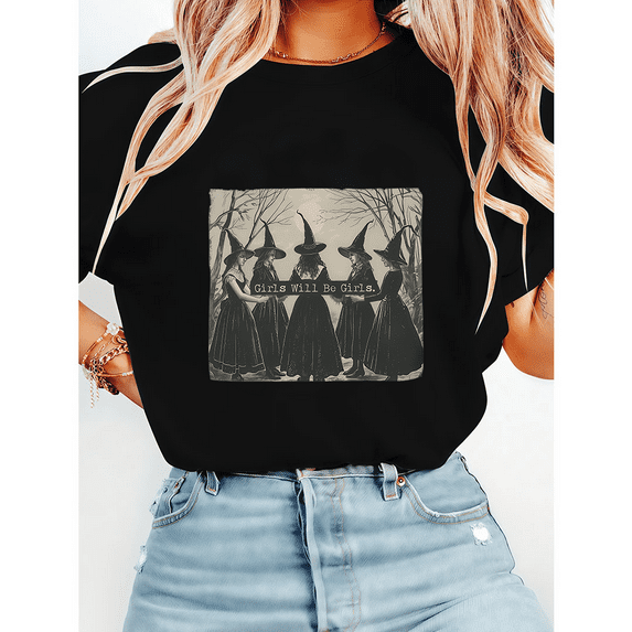 Girls Will Be Girls Witch Print T-shirts Witchy Girls Casual Tops Halloween Feminist Graphic Tees Short Sleeve Cotton Shirts for Daily Outfits Black,S