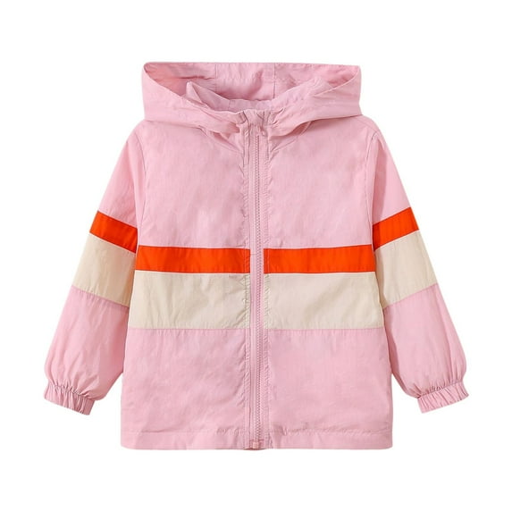 Girls Windbreaker Jacket Lightweight Colorblock Hooded Full-zip Rain Coat Fall Spring Outerwear 2-10 Years (7 Years, Pink)