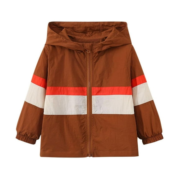 Girls Windbreaker Jacket Lightweight Colorblock Hooded Full-zip Rain Coat Fall Spring Outerwear 2-10 Years (9 Years, Coffee)