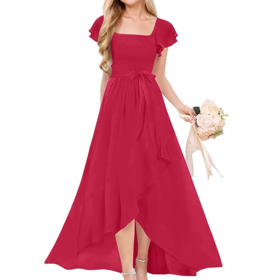 Girls Wine Chiffon High Low Flower Girl Dress Square Neck Ruffle Cap Sleeves Junior Bridesmaid Formal Sizes 5-12,Size 12-13T