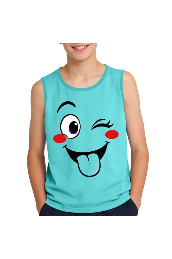 Girls Winking Face Tank Top Soft Spandex Blend Sleeveless Summer Vacation Shirt Green,Size 12 T