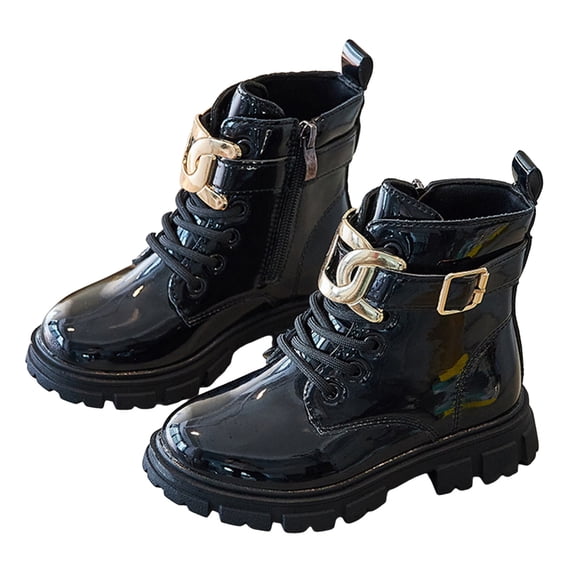 Girls Winter Ankle Boots Fashion Buckle Ankle Strap Lace up Side Zipper Waterproof Lug Sole Warm Kids Booties Black 9.5 Toddler