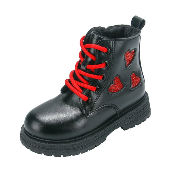 Girls Winter Ankle Boots Fuzzy Lined Lace up Waterproof Leather Glitter Rhinestone Fashion Dress Winter Booties Black 1.5 Big Kids