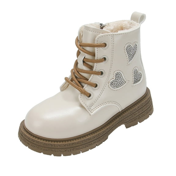 Girls Winter Ankle Boots Fuzzy Lined Lace up Waterproof Leather Glitter Rhinestone Fashion Dress Winter Booties White 11.5 Little Kids