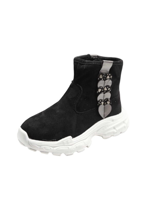 Girls Winter Ankle Boots, Suede Warm Short Booties with Heart‑Shaped Side Decor, Side Zipper, Non‑Slip Thick Platform Sole, Outdoor Casual Shoes