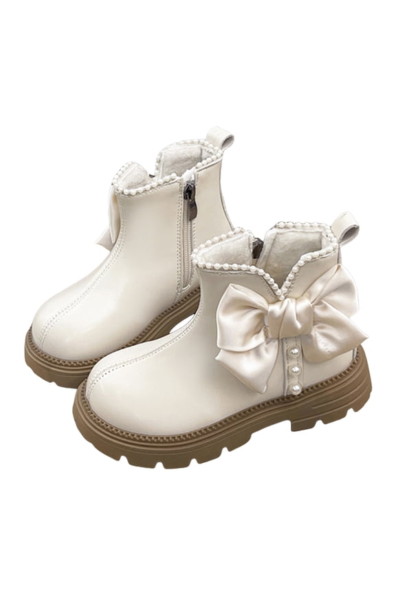 Girls Winter Ankle boots Cute Bow Pearl Fringe Stitching Leather Short Zipper Chelsea Booties Casual Princess Dress Shoes Beige 2 Big Kids