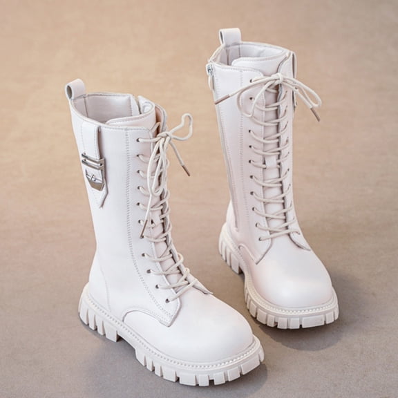 Girls Winter Boots,Children Boots Comfortable Soft Flat Fashionable for Kids Lace Up Boots for Play,Toddler Booties,04 White,5.5-6 Years