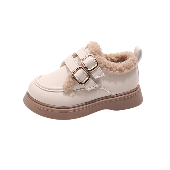 Girls Winter Boots Faux Leather Loafers with Double Buckle Warm Plush Lined Snow Shoes Kids Casual Comfortable Non Slip Flat Shoes for Daily